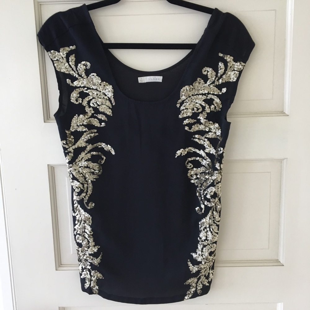 Hinge Gold Sequin Embellished Black Top Sz S